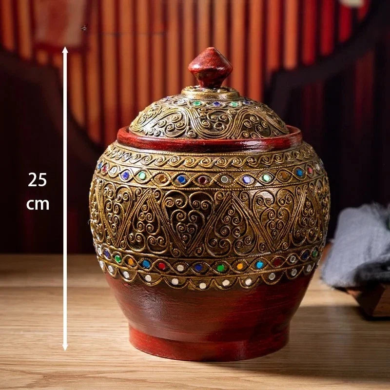 ‌Handcrafted Thai Teakwood Jar with Mosaic Colored Glass Lid – Boho Storage Canister