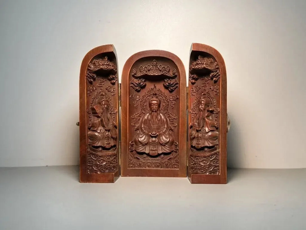 Three Panel Open Box Taoist Saints Wooden Carving - Good for Feng Shui