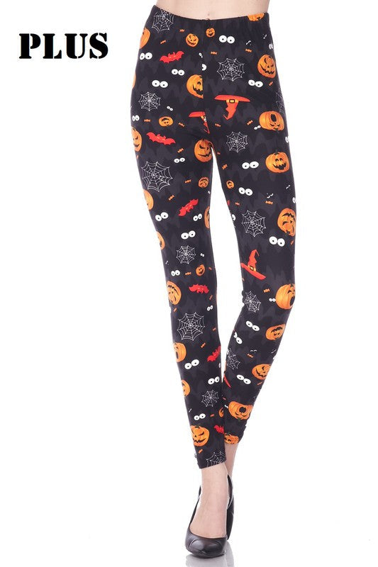 PLUS SIZE Halloween Pumpkins and Webs Print Leggings