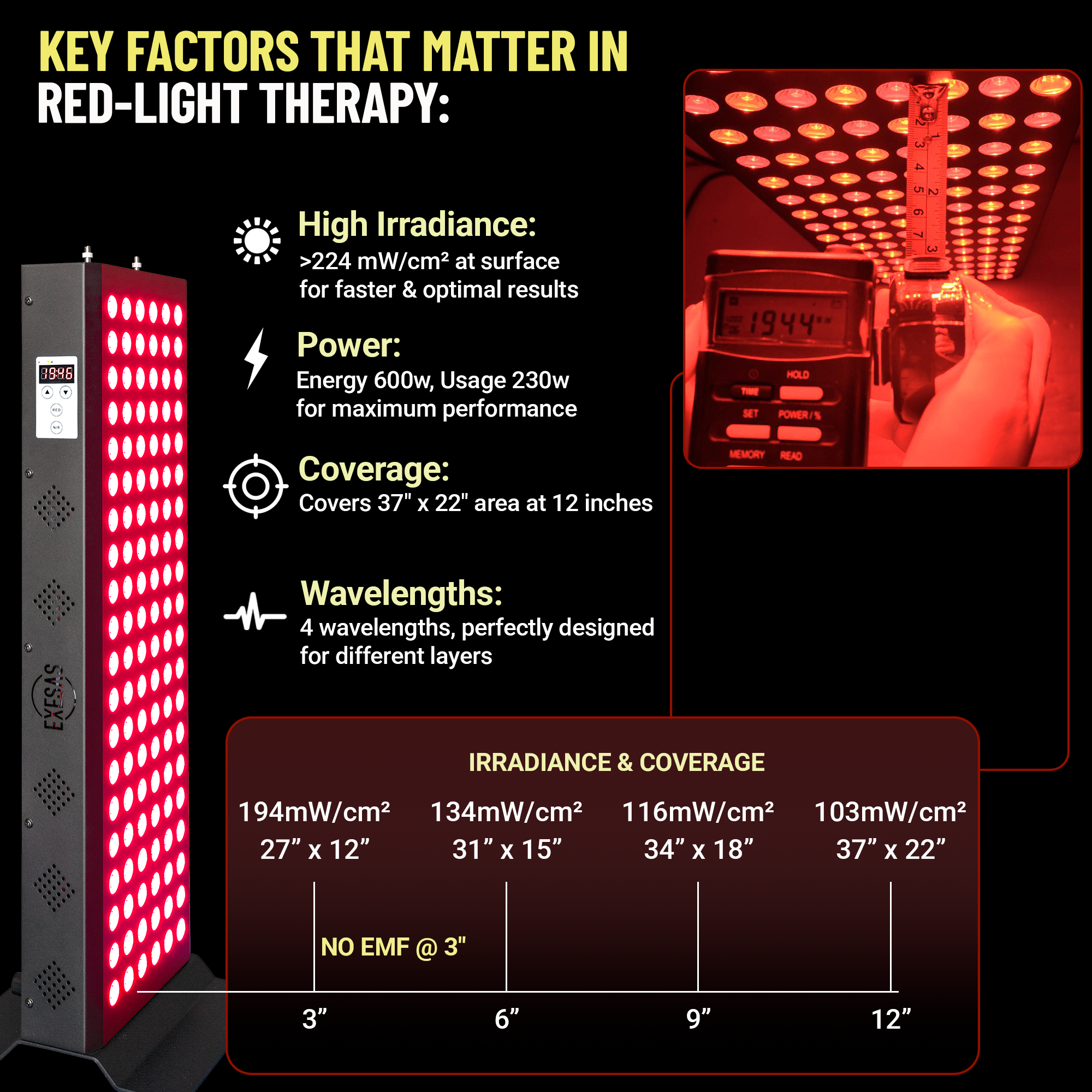 EXESAS 120 LED, 600W Dual-Chip, Red Light Therapy Device for Full Body, 4-Wavelengths Infrared LED Panel for Skin, Weight, Pain, Wellness