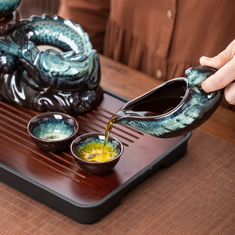 Coiling Dragon Ceramic Teapot Set – Rotating Spout “Lazy Brewer” Tea Set