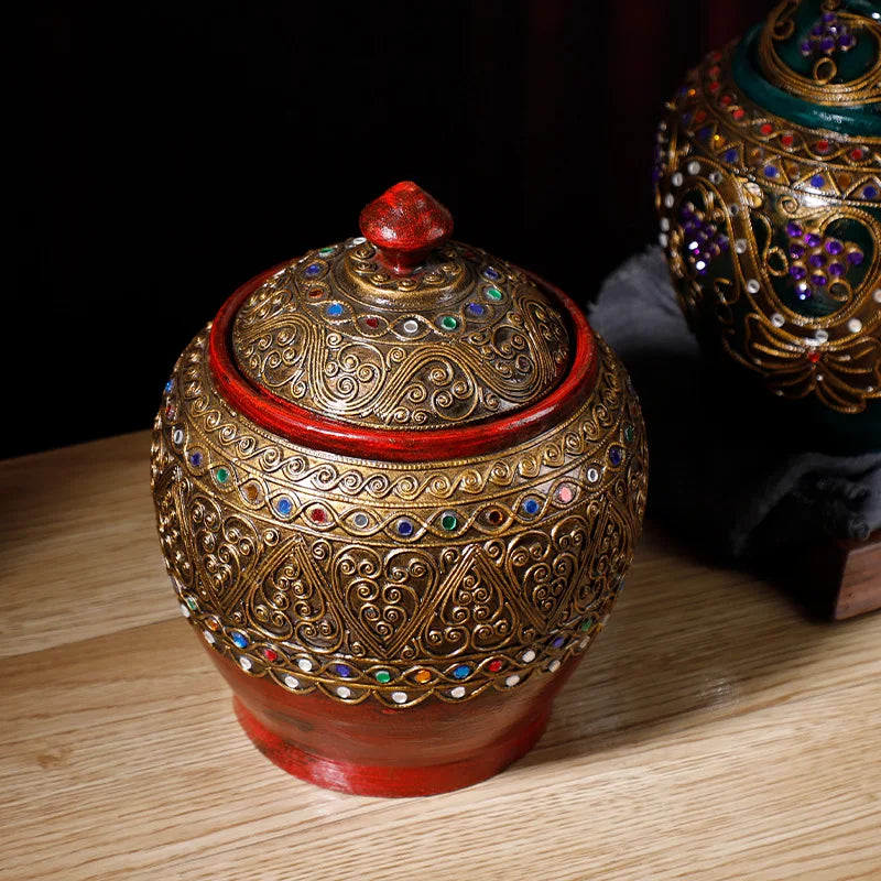 ‌Handcrafted Thai Teakwood Jar with Mosaic Colored Glass Lid – Boho Storage Canister