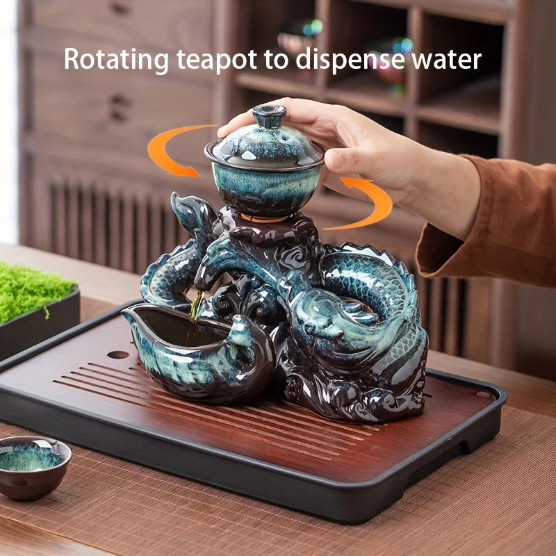 Coiling Dragon Ceramic Teapot Set – Rotating Spout “Lazy Brewer” Tea Set
