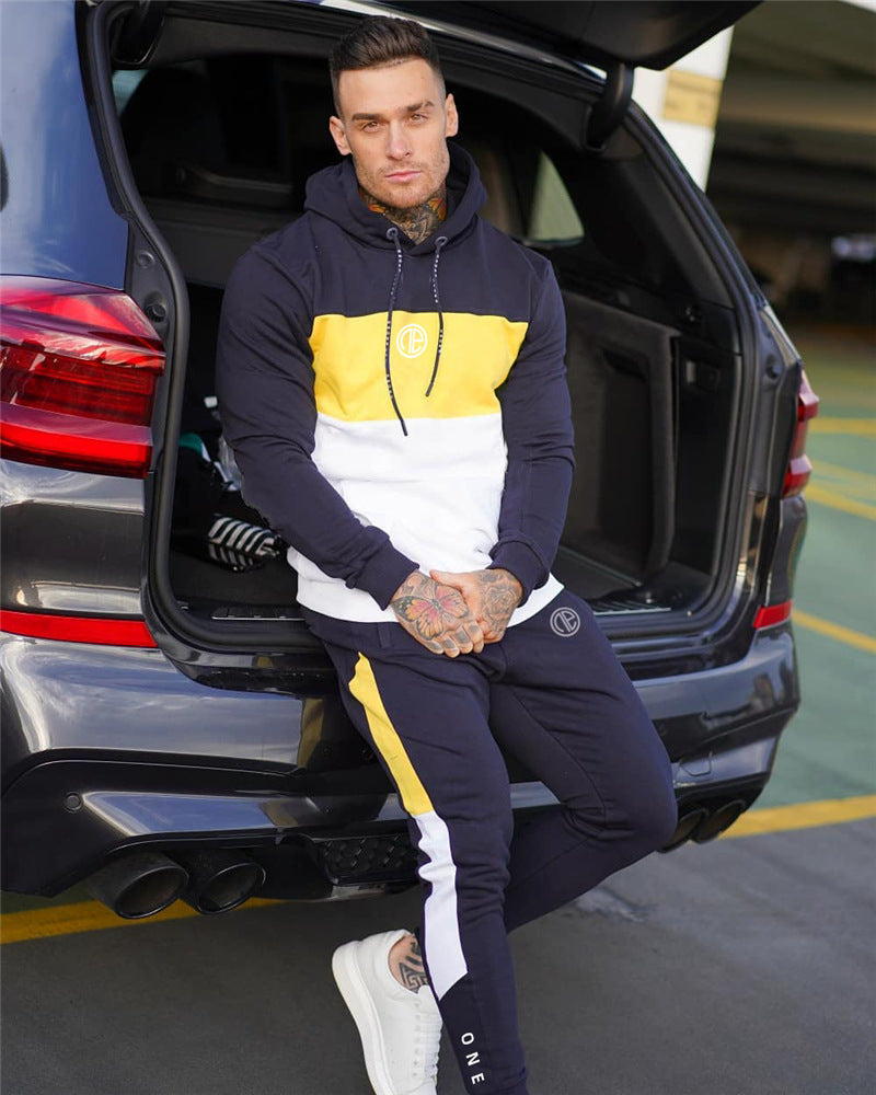 Fitness 2-Piece Suit Splicing Contrast Color Hooded Suit