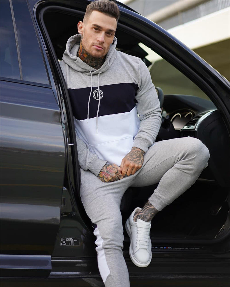 Fitness 2-Piece Suit Splicing Contrast Color Hooded Suit