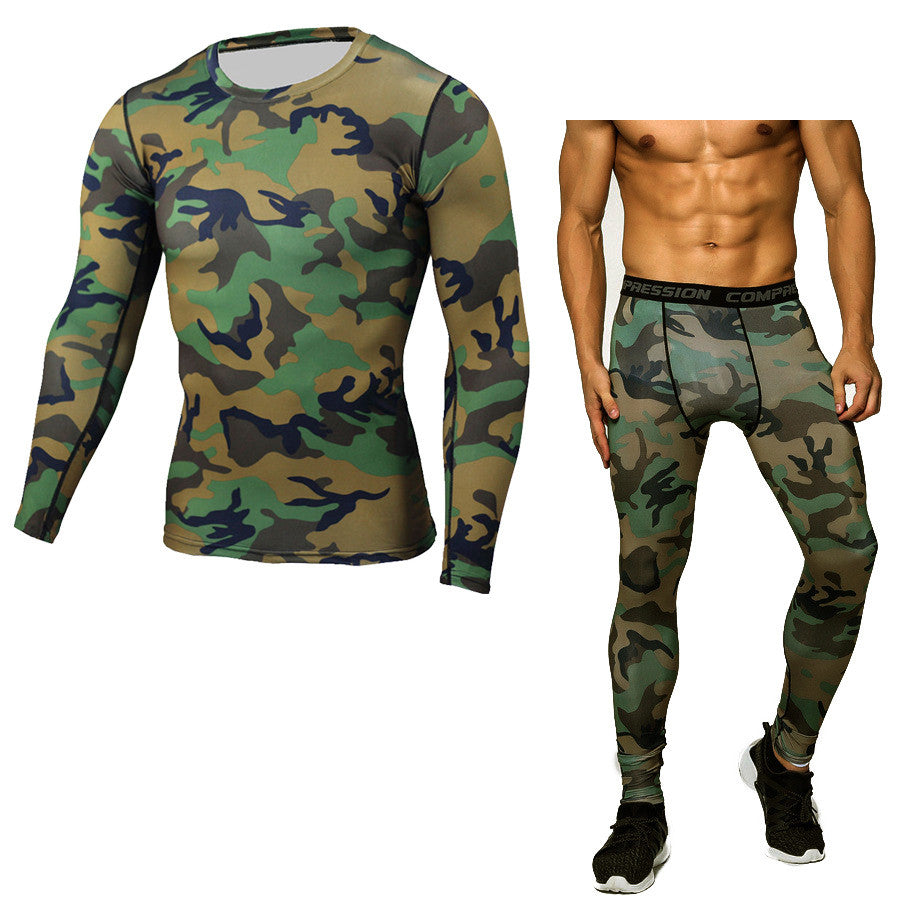 Camouflage Compression Base Layer Set - Sports Compression Set Long Sleeve T-Shirt Tights Exercise Clothes Workout Bodysuit Fitness Suits For Men