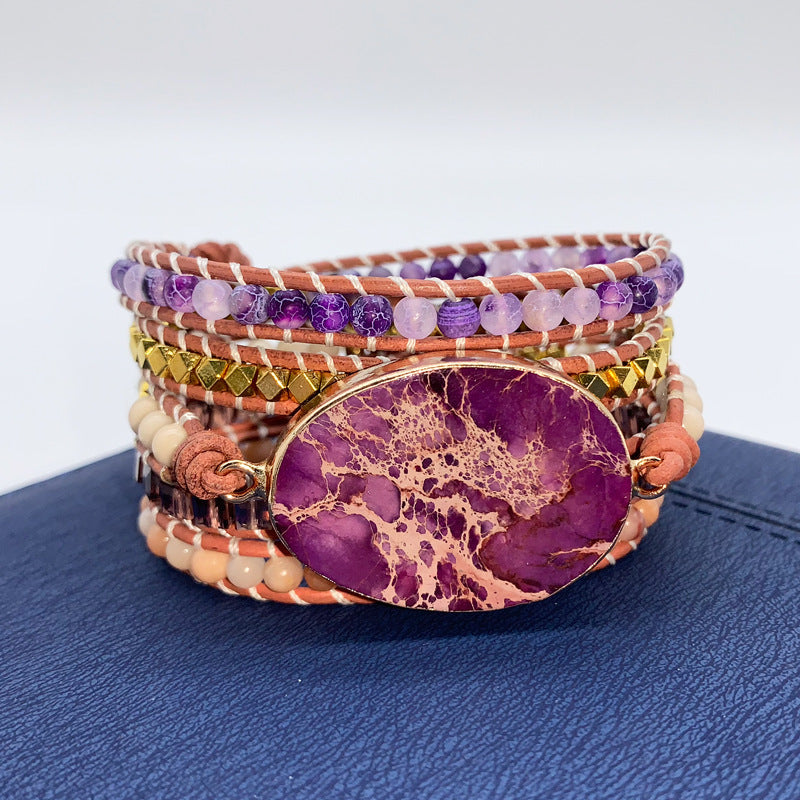 Natural Purple Imperial Jasper Multi-Layer Leather Wrap Bracelet