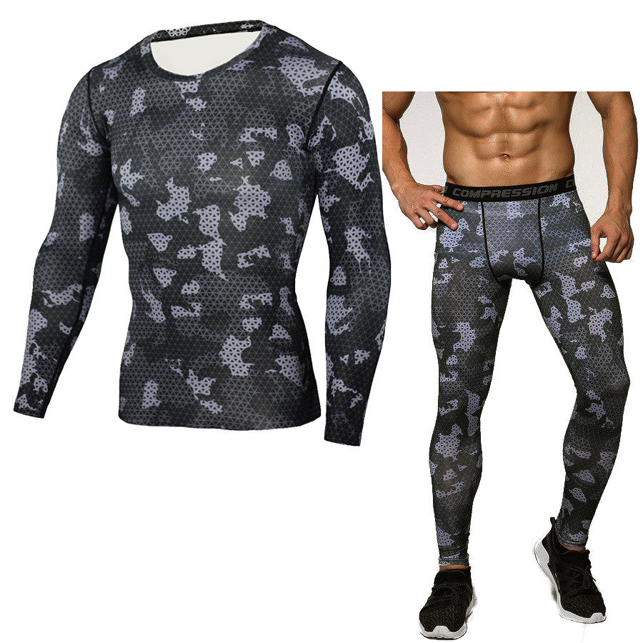 Camouflage Compression Base Layer Set - Sports Compression Set Long Sleeve T-Shirt Tights Exercise Clothes Workout Bodysuit Fitness Suits For Men