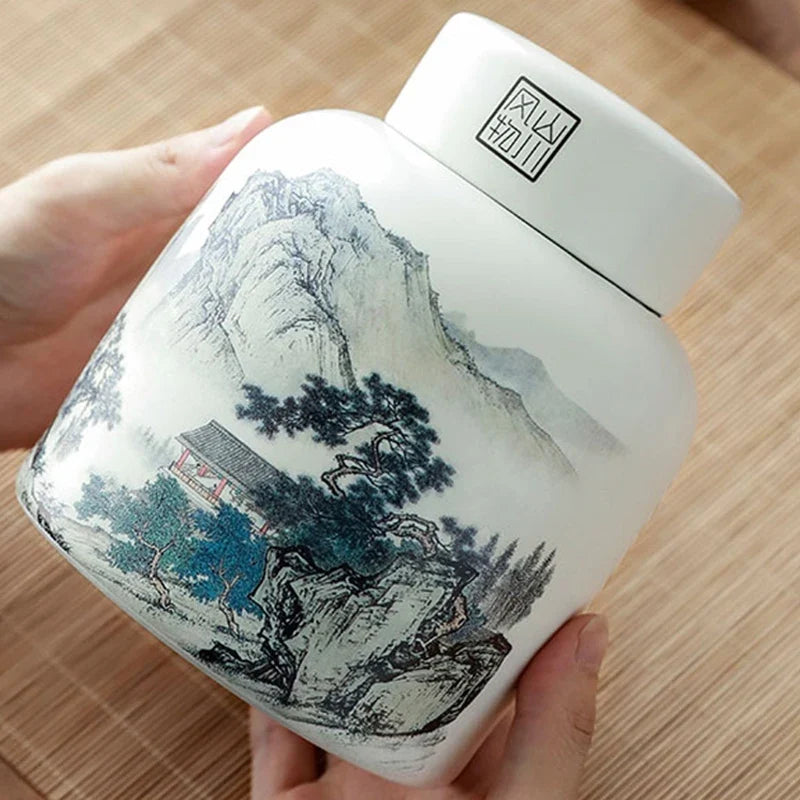 Chinese Landscape Tea Storage Pot with Lid