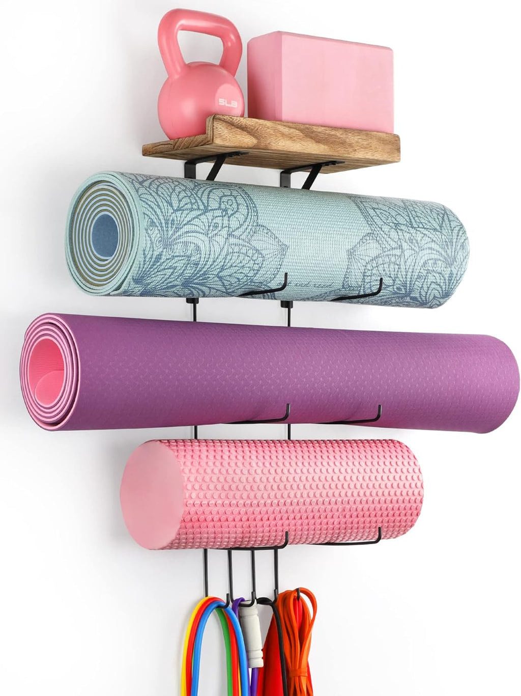 Yoga Mat Holder Accessories Wall Mount Organizer Storage Decor Foam Roller and Towel Storage Rack with 4 Hooks and Wooden Shelves Yoga Mats Rack Resistance Bands for Home Gym School Office
