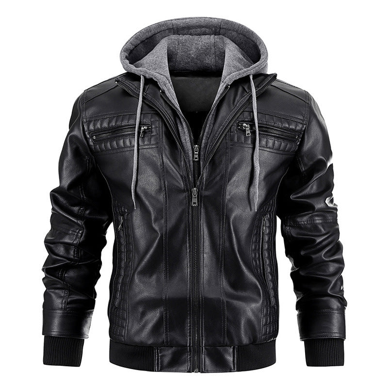 Men's PU Leather Motorcycle Jacket – Hooded Removable Bomber with Zipper Pockets