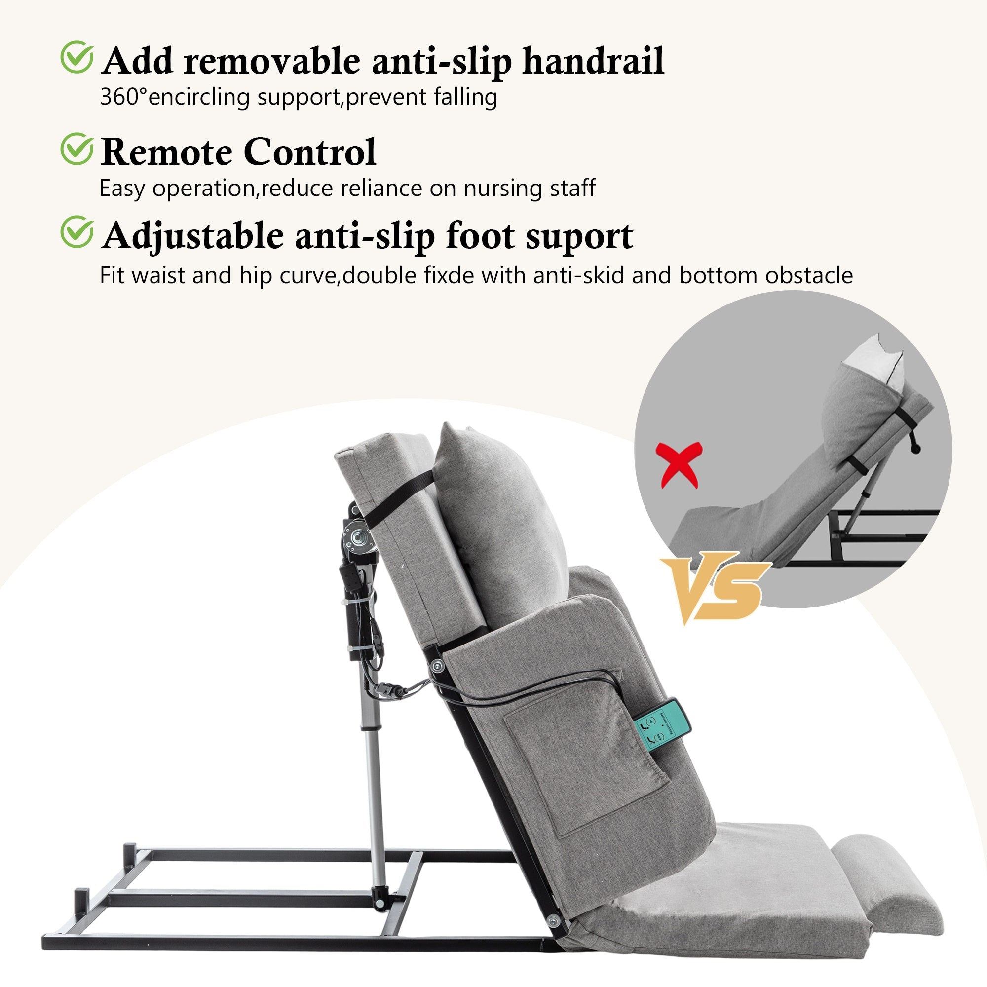 Bed Backrest Electric Adjustable 68 Degree Safety Rails Washable 300 LB