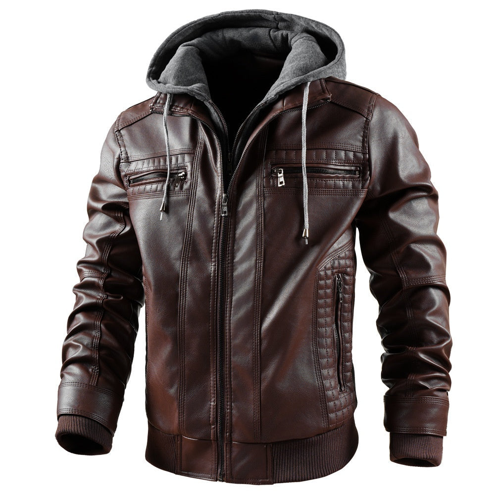 Men's PU Leather Motorcycle Jacket – Hooded Removable Bomber with Zipper Pockets