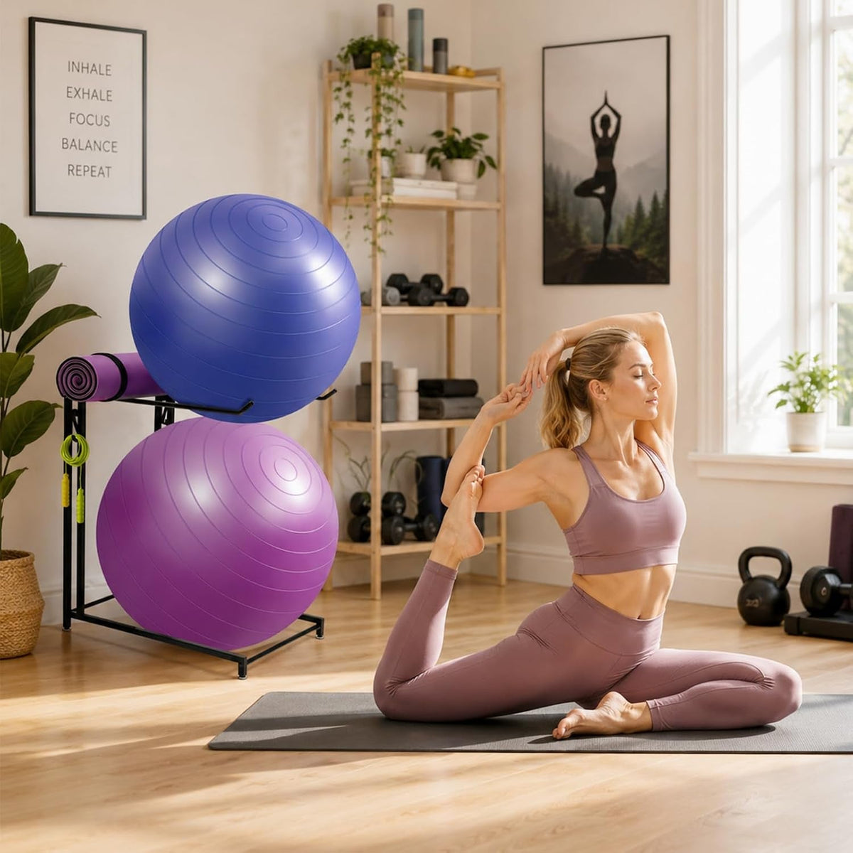 Exercise Ball Storage Rack with Hooks – Home Gym Organizer