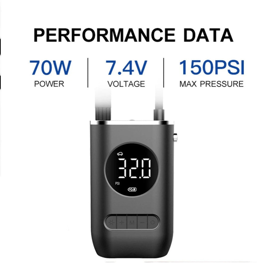 Portable Wireless Digital Tire Inflator – Multifunctional Electric Air Pump for Cars, Motorcycles, Bikes &amp; More (150 PSI | 2000mAh Dual Battery)