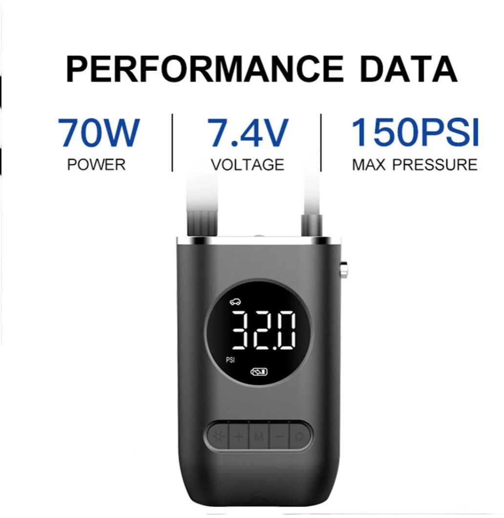 Portable Wireless Digital Tire Inflator – Multifunctional Electric Air Pump for Cars, Motorcycles, Bikes &amp; More (150 PSI | 2000mAh Dual Battery)