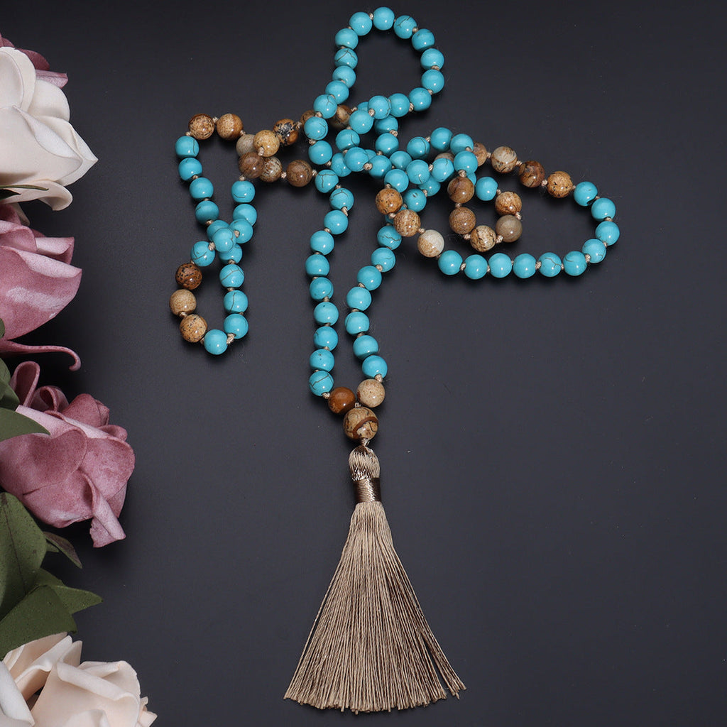 THE ARTIST'S MALA: Vintage Blue Pine Painted Stone Necklace