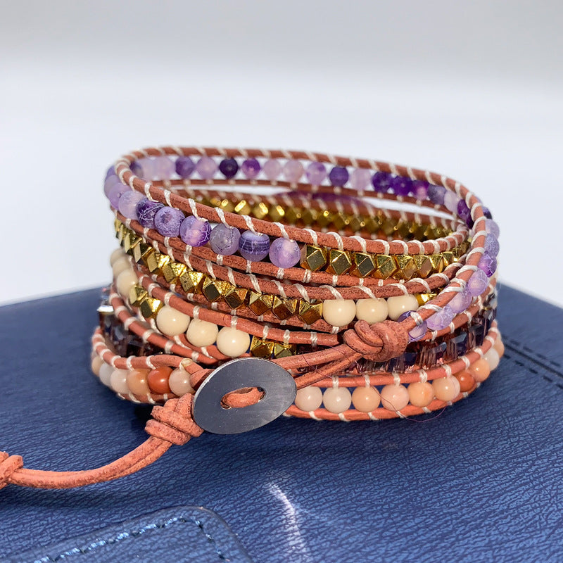 Natural Purple Imperial Jasper Multi-Layer Leather Wrap Bracelet