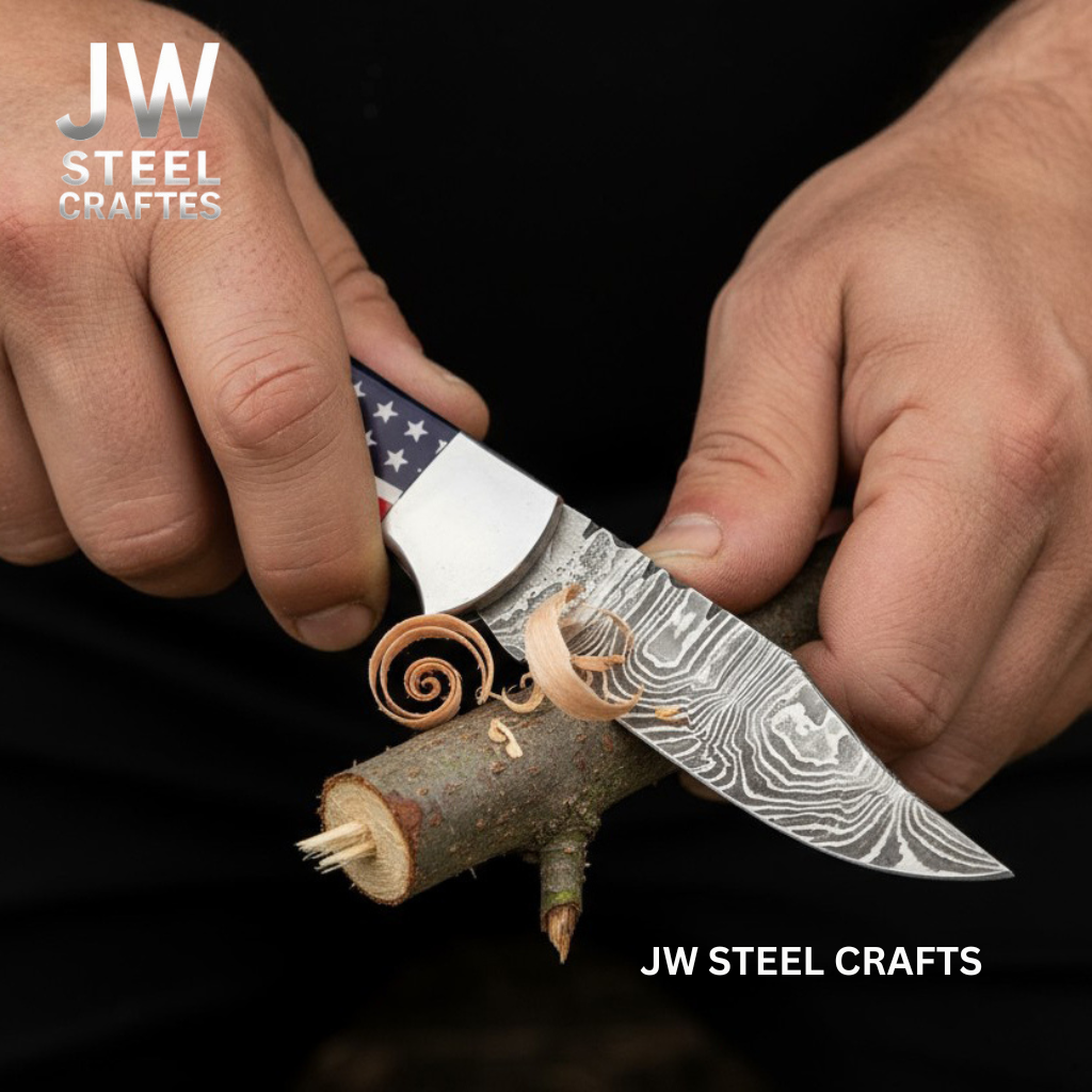 American Flag Damascus Folding Knife Hunter with Ram Horn Handle