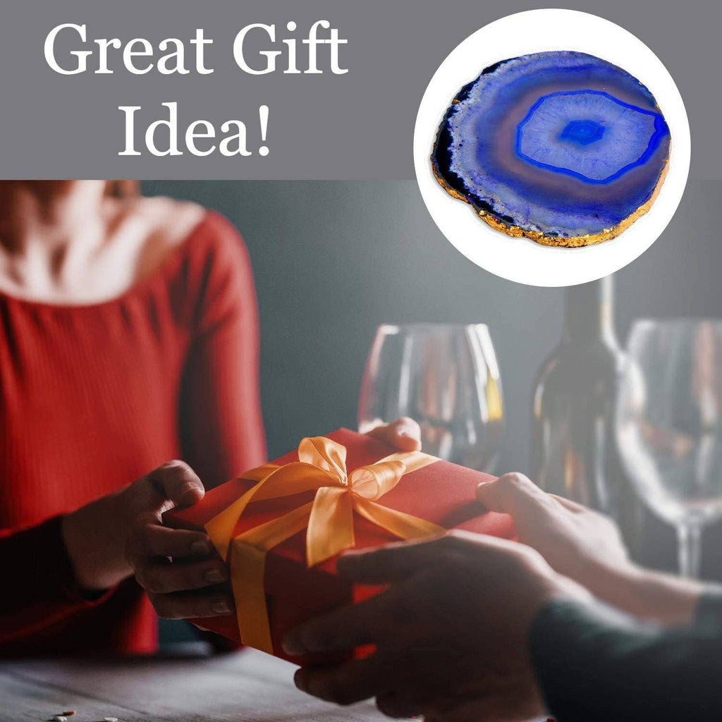 Set of 4 Blue Agate Coasters for Drinks- Gold Edge