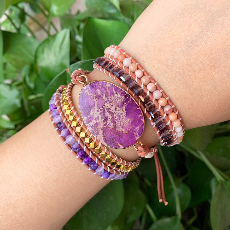 Natural Purple Imperial Jasper Multi-Layer Leather Wrap Bracelet