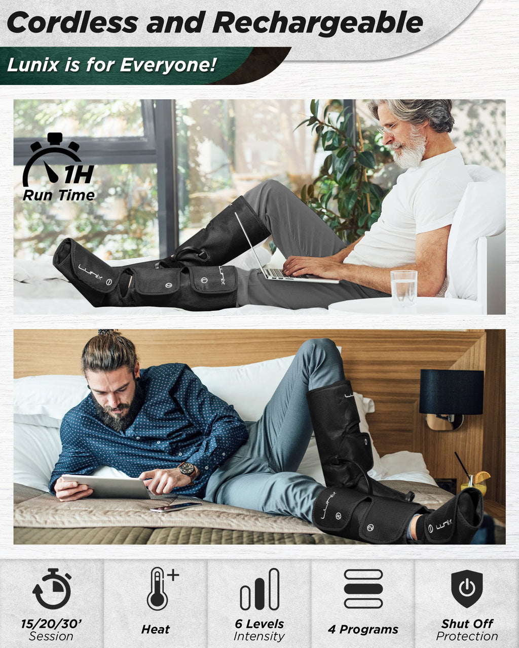LX1 Foot and Calf Compression Massager, Charcoal Black, for heaviness, fatigue, mild swelling