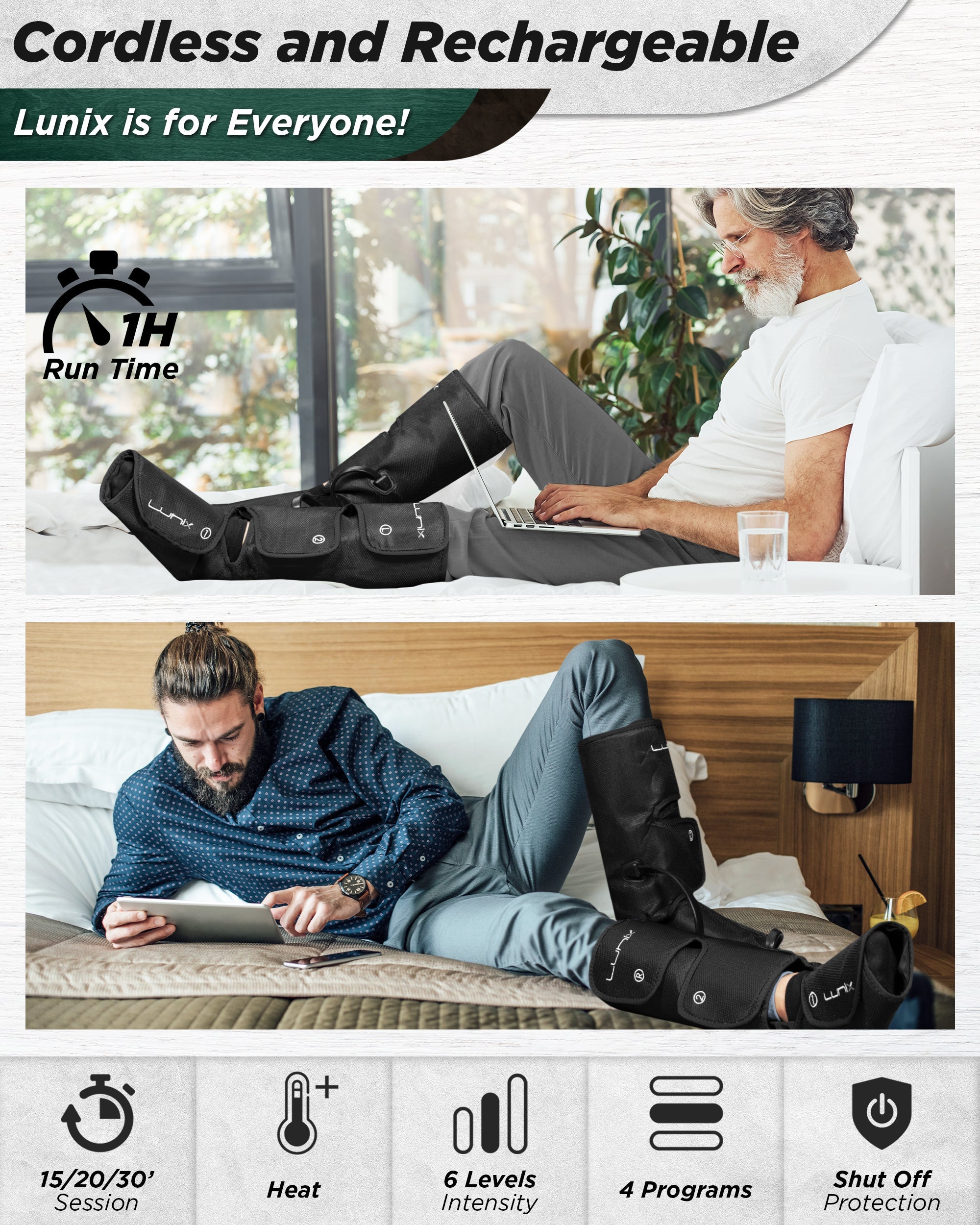 LX1 Foot and Calf Compression Massager, Charcoal Black, for heaviness, fatigue, mild swelling