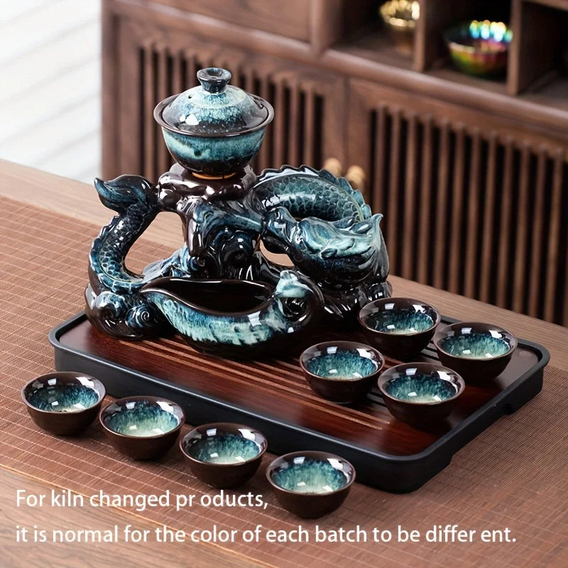 Coiling Dragon Ceramic Teapot Set – Rotating Spout “Lazy Brewer” Tea Set
