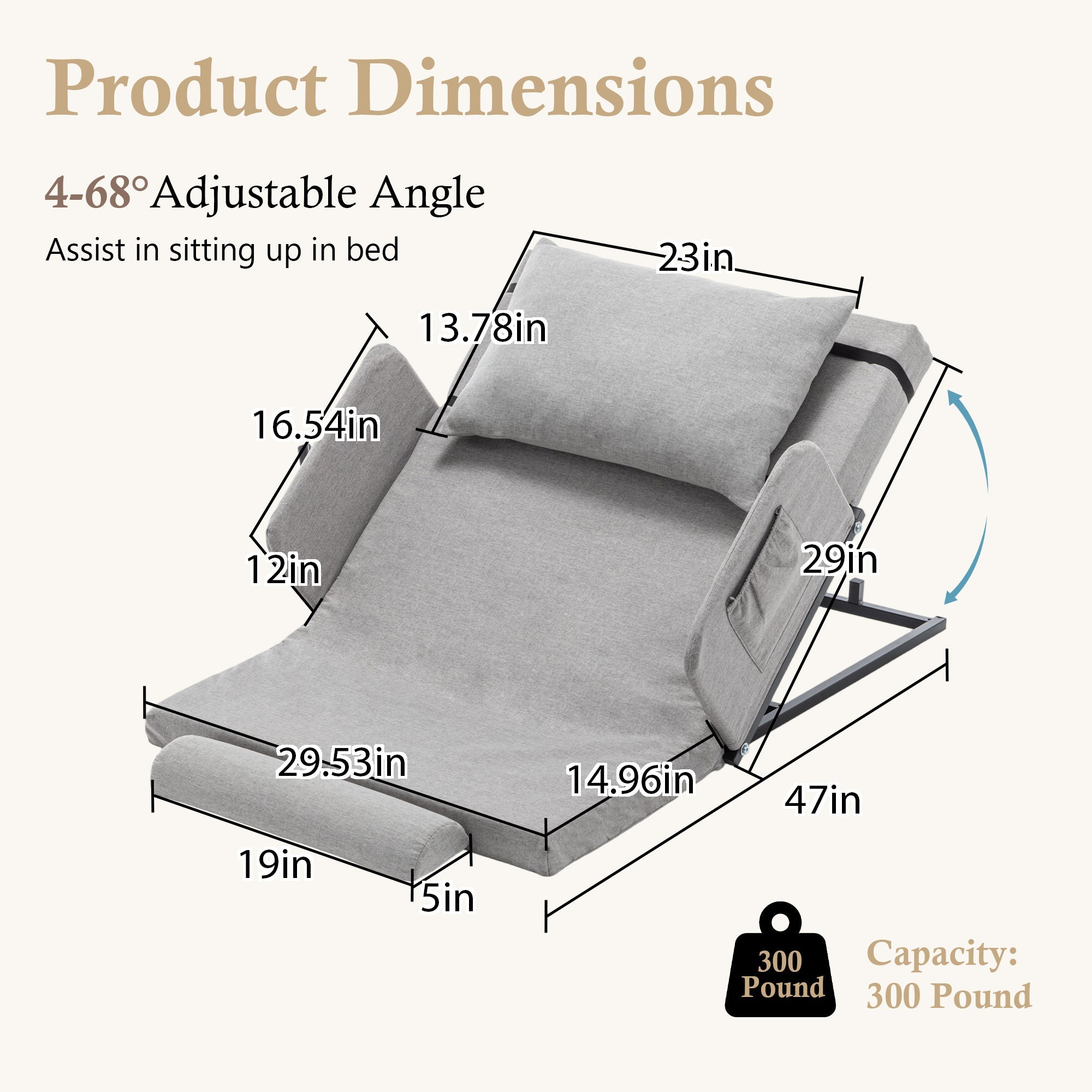 Bed Backrest Electric Adjustable 68 Degree Safety Rails Washable 300 LB