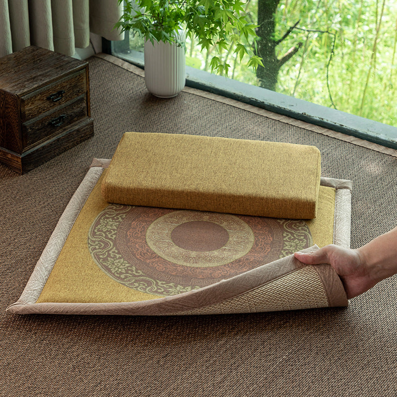 Double-Sided Meditation Cushion Set – Auspicious Botanical Fabric & Bamboo Fiber (Two-Tier)