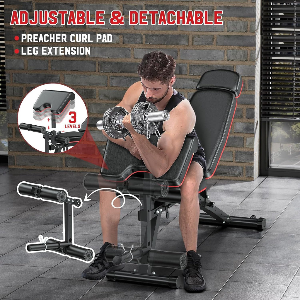 Workout Bench, Adjustable Weight Bench with Leg Extension and Leg Curl, Extended Headrest, 900LBS Preacher Curl Bench Incline Decline Flat Workout Bench for Home Gym Full Body Exercise