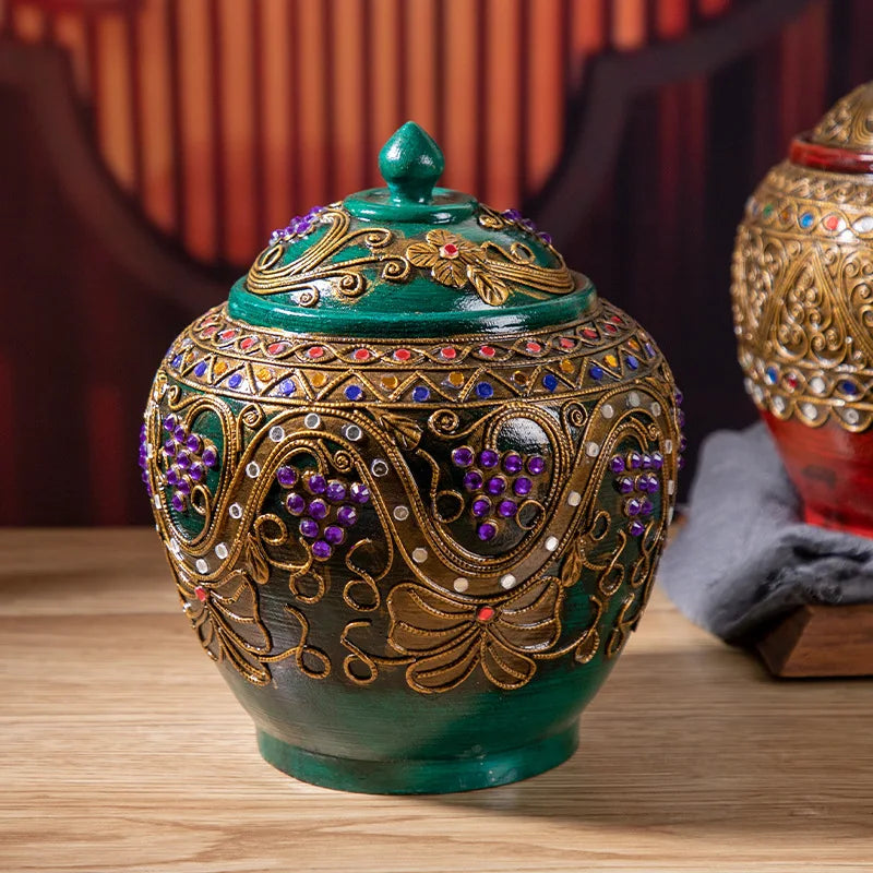 ‌Handcrafted Thai Teakwood Jar with Mosaic Colored Glass Lid – Boho Storage Canister