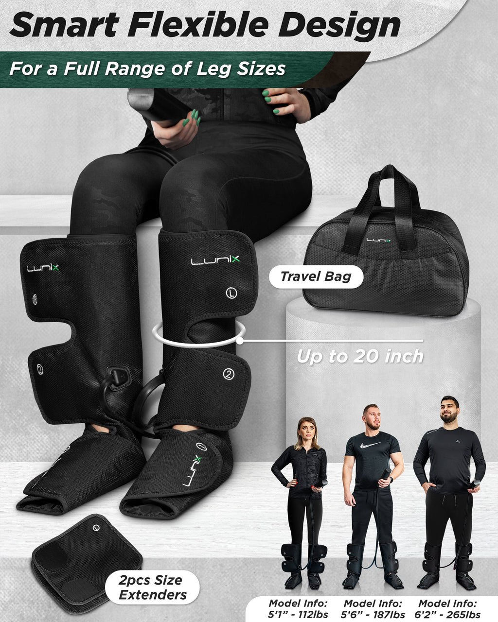 LX1 Foot and Calf Compression Massager, Charcoal Black, for heaviness, fatigue, mild swelling