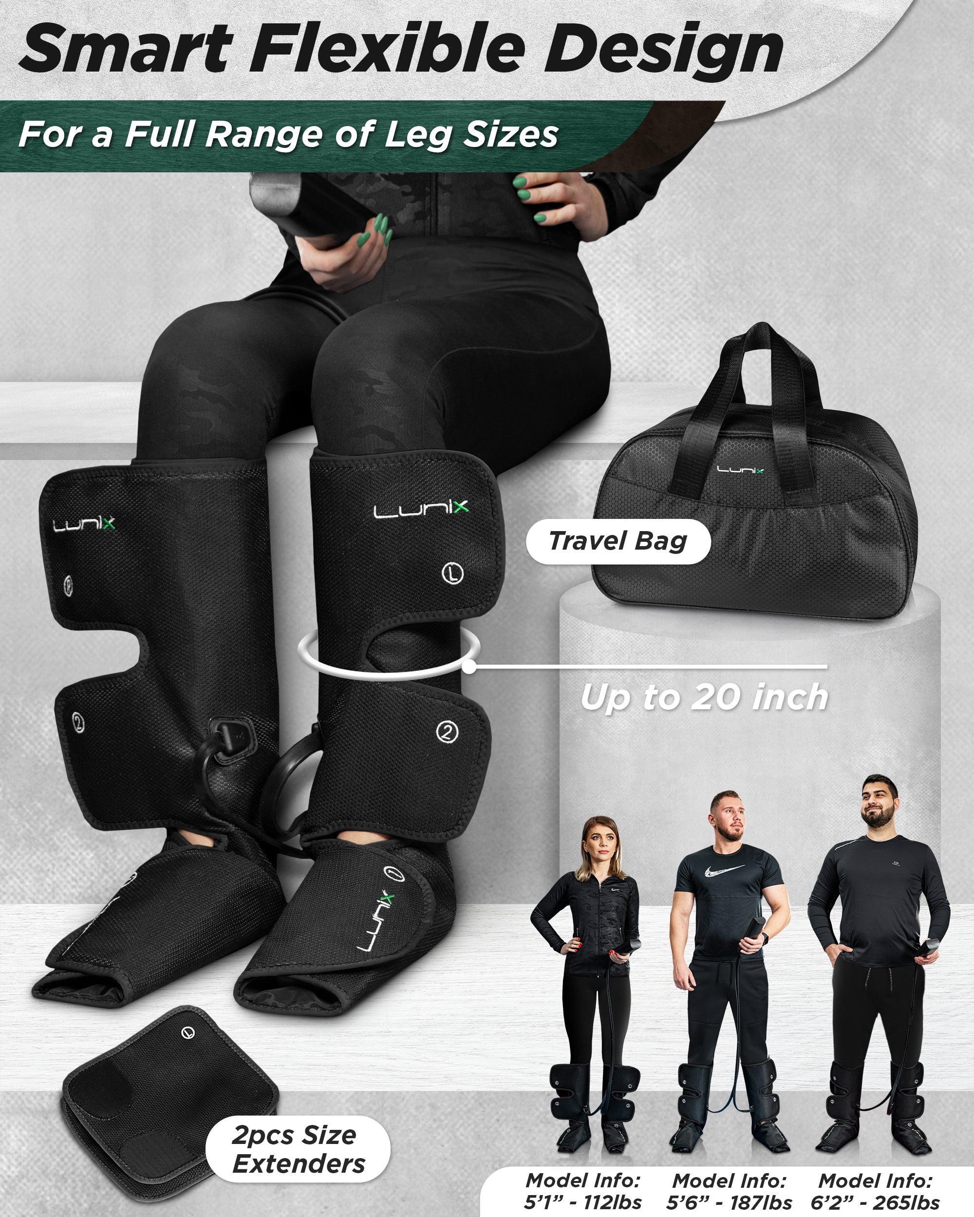 LX1 Foot and Calf Compression Massager, Charcoal Black, for heaviness, fatigue, mild swelling