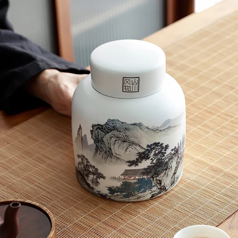Chinese Landscape Tea Storage Pot with Lid