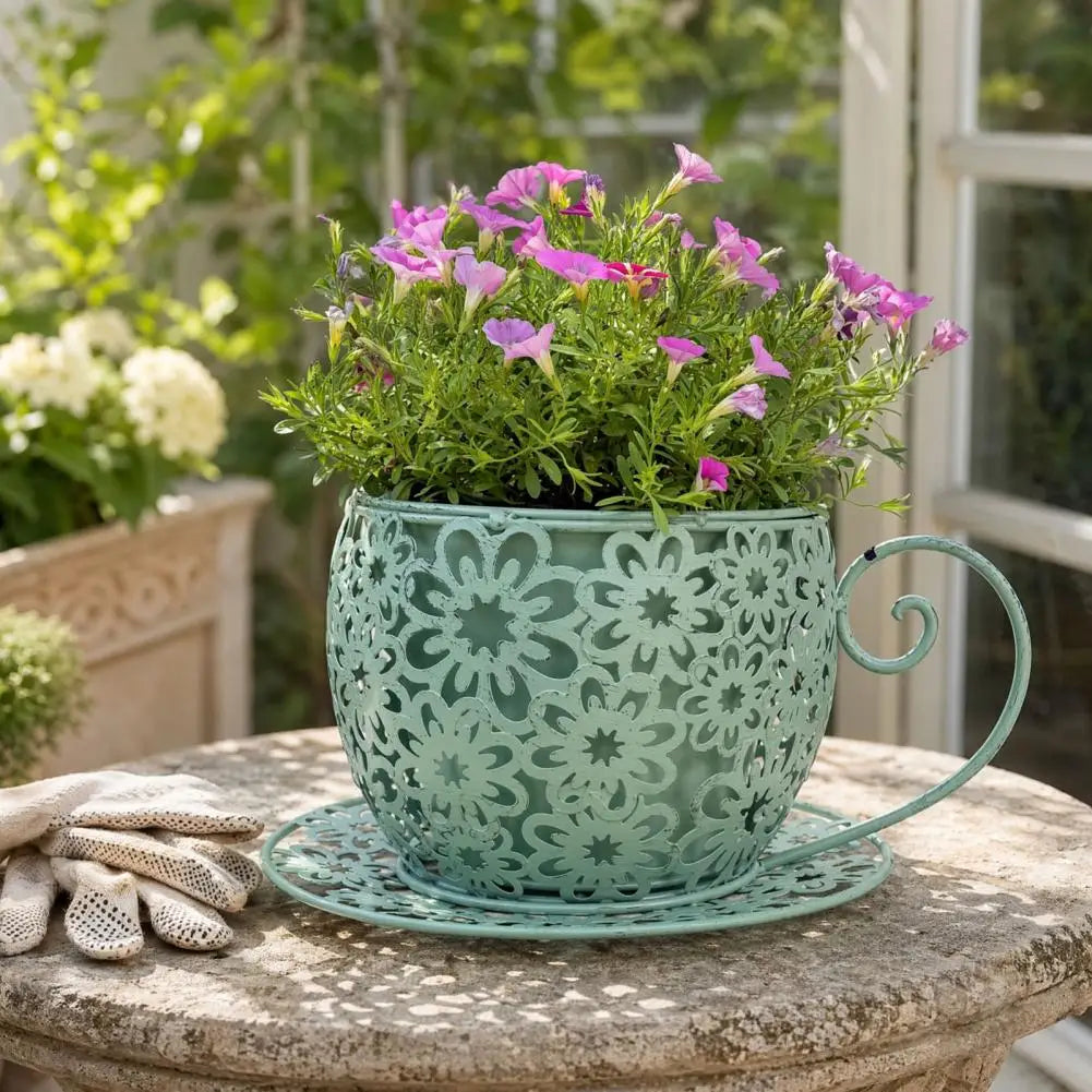 Teacup-Shaped Floral Cutout Planter – Decorative Indoor & Outdoor Accent