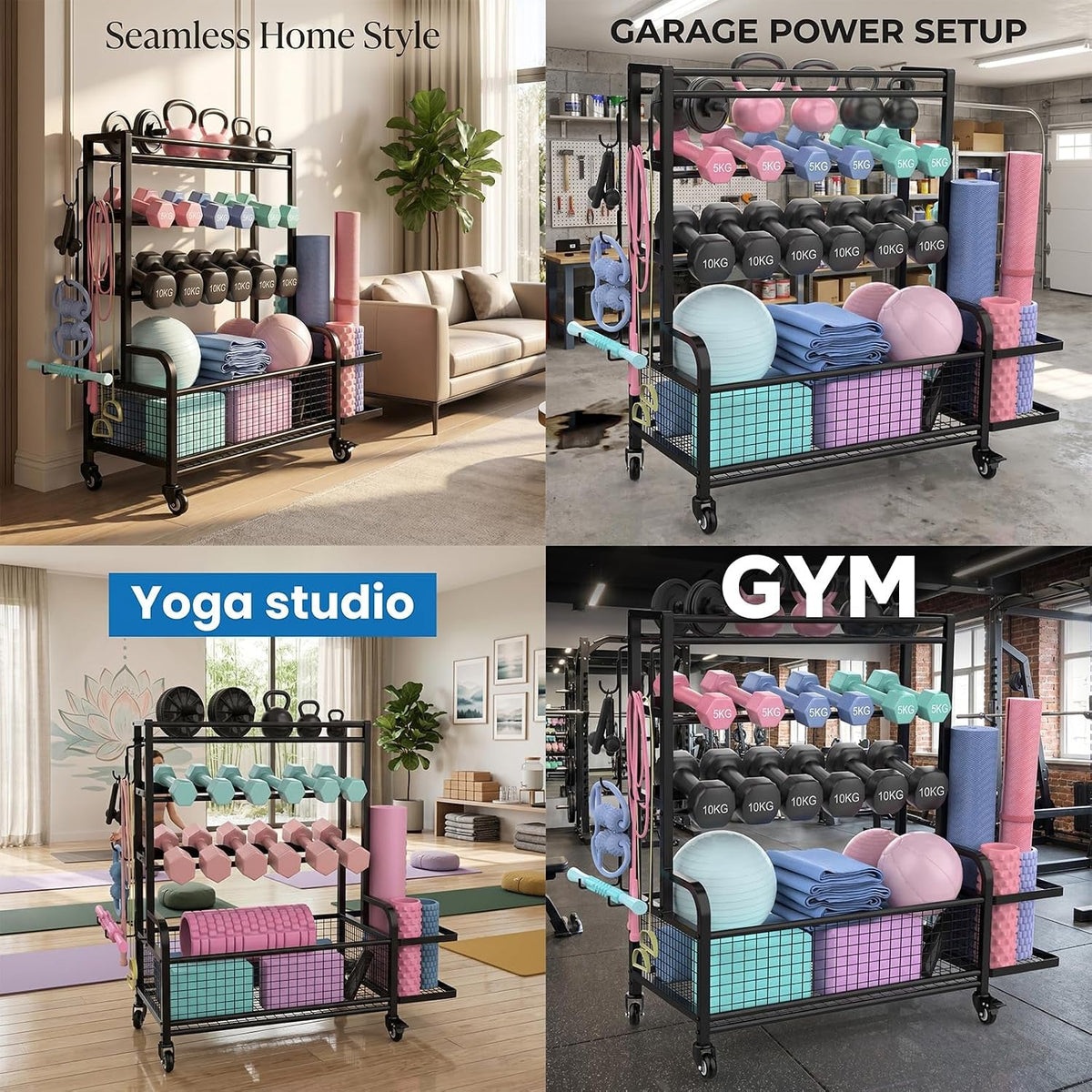 Dumbbell Rack,4-Tie Weight Rack for Dumbbells and Kettlebells, All-In-One Home Gym Storage Organizer with Wheels and Hooks, Steel Workout Equipment Storage for Yoga Mats and Exercise Balls, Black
