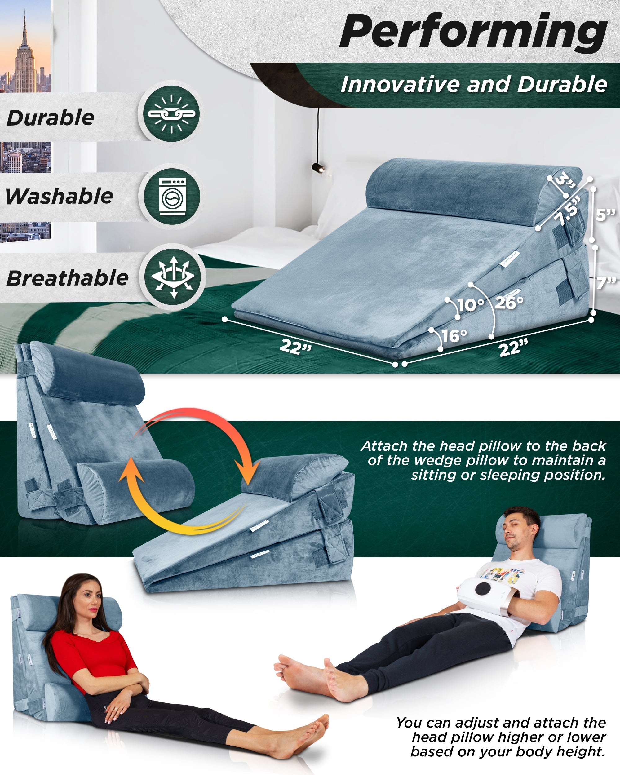 LX8 4-Piece Support for Nighttime Digestive Discomfort & Easier Breathing, Wedge Pillow Set, Cloud Gray