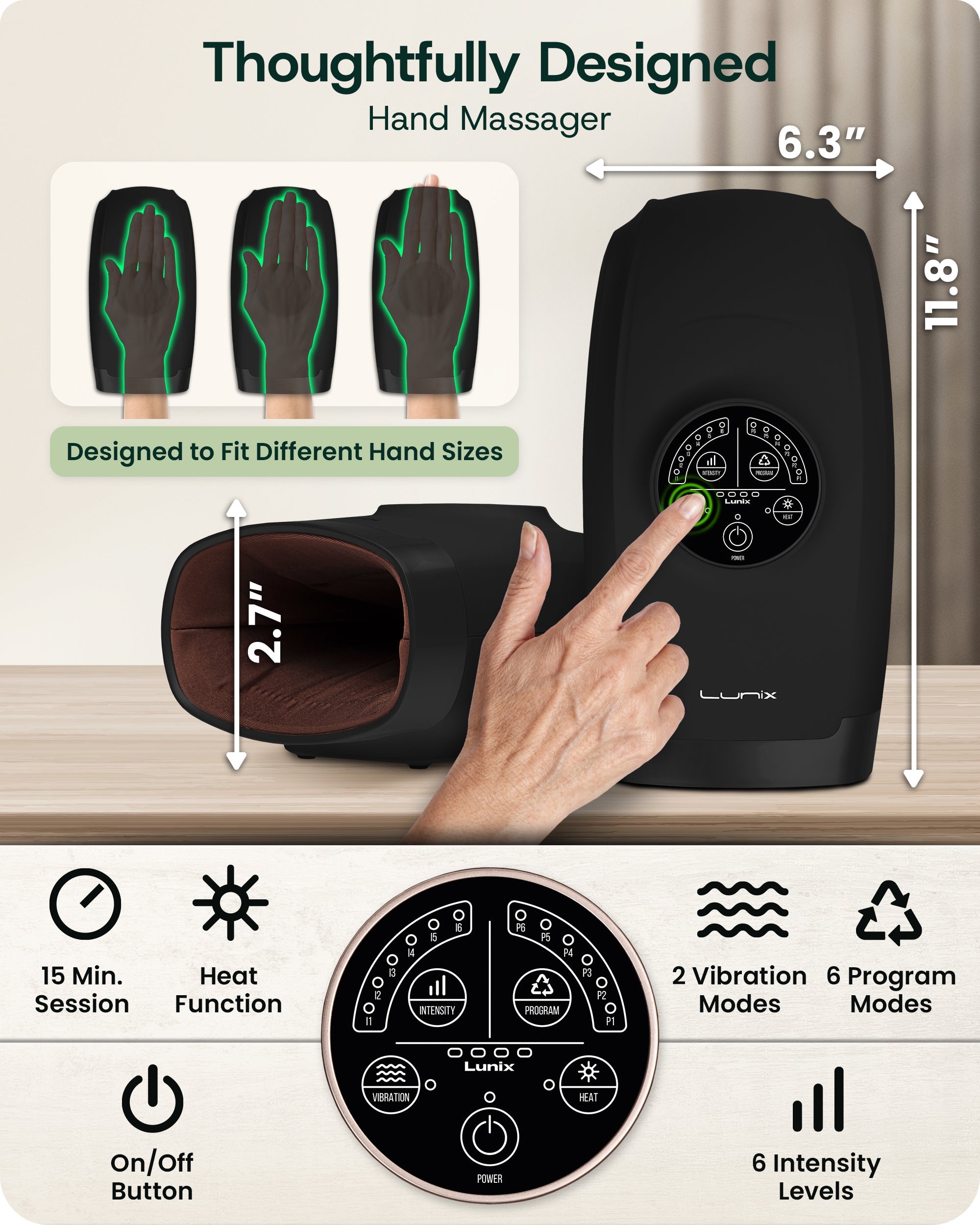 LX3 Carpal Tunnel & Wrist Pain Relief Device, Heated Air Compression Hand Massager, Charcoal Black