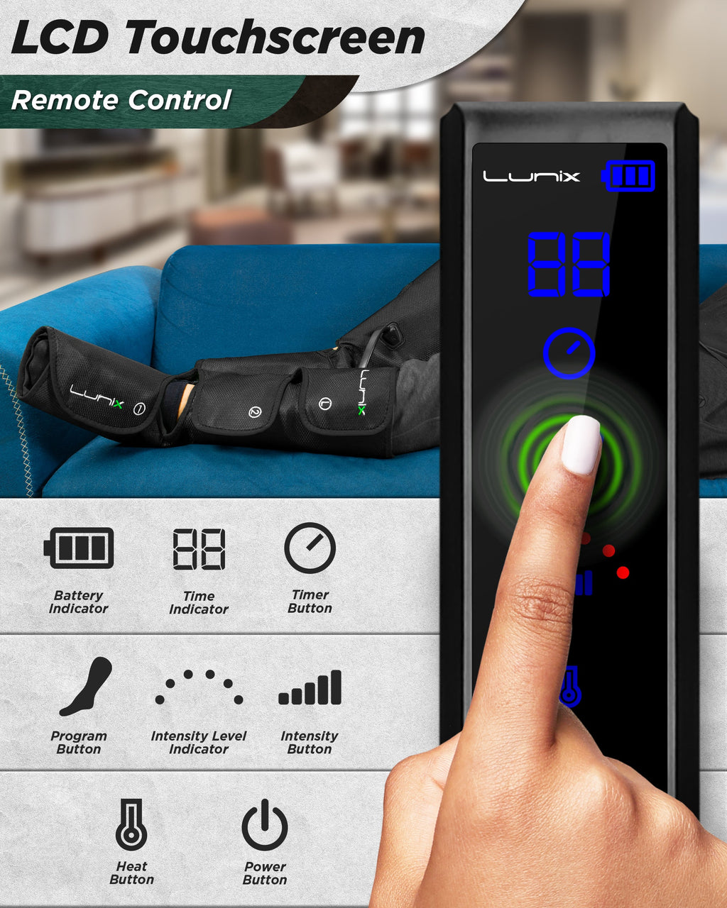 LX1 Foot and Calf Compression Massager, Charcoal Black, for heaviness, fatigue, mild swelling