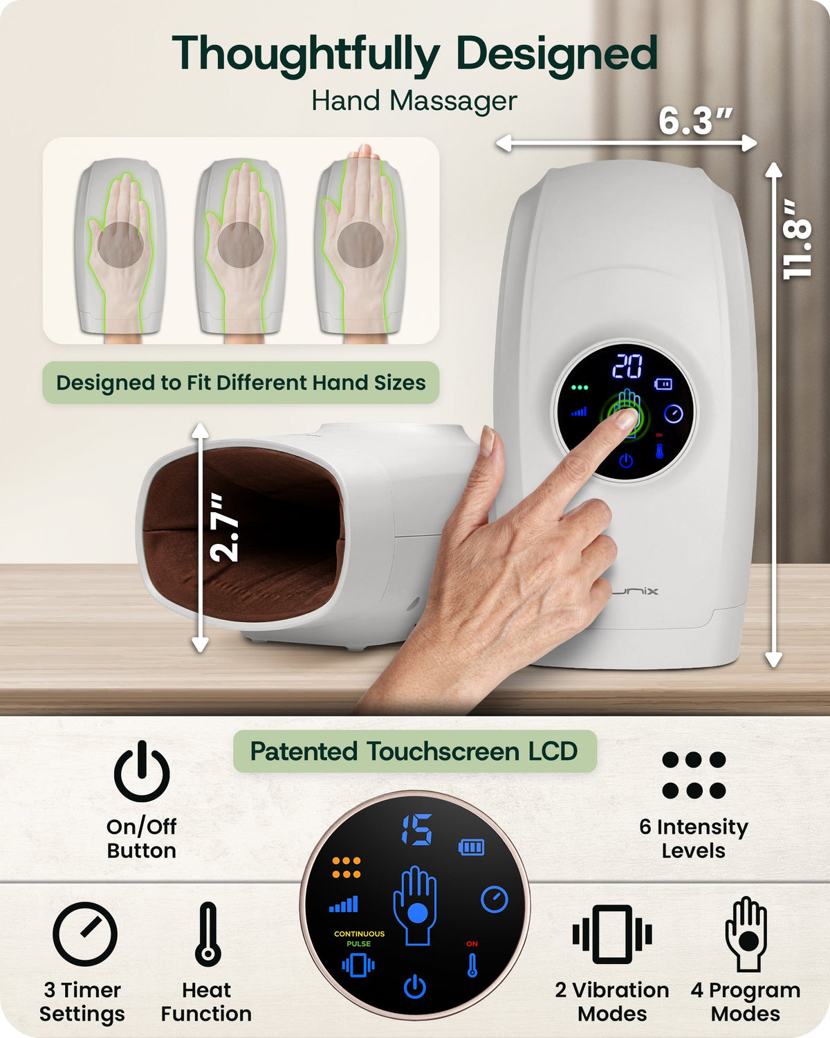 LX7 LCD Touchscreen Hand Massager, Heated Air Compression, Cloud Gray