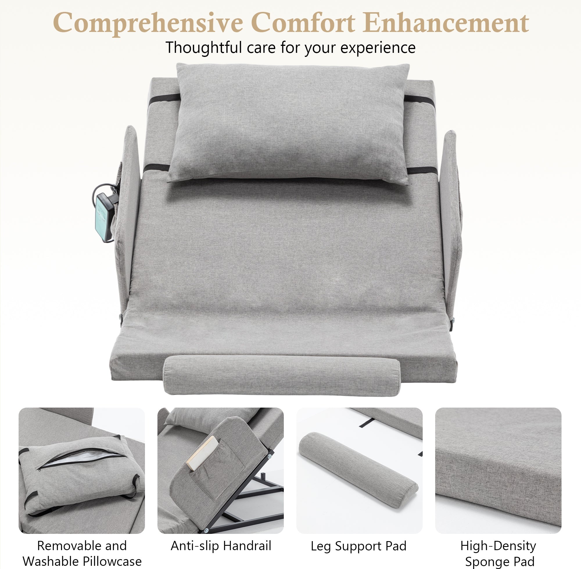 Bed Backrest Electric Adjustable 68 Degree Safety Rails Washable 300 LB