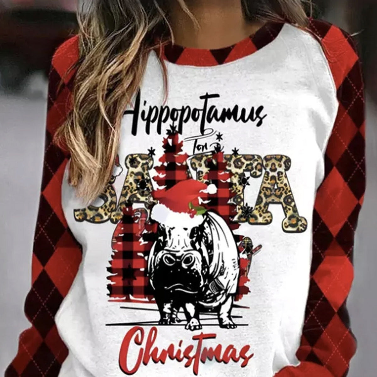 Women’s Hippopotamus Christmas Leopard-Plaid Shirt