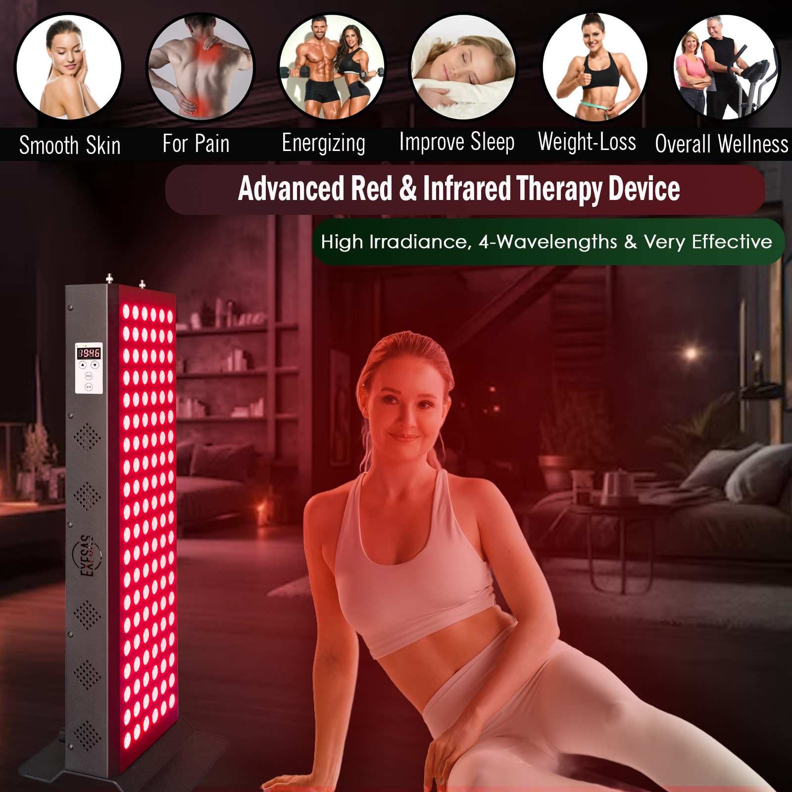 EXESAS 120 LED, 600W Dual-Chip, Red Light Therapy Device for Full Body, 4-Wavelengths Infrared LED Panel for Skin, Weight, Pain, Wellness
