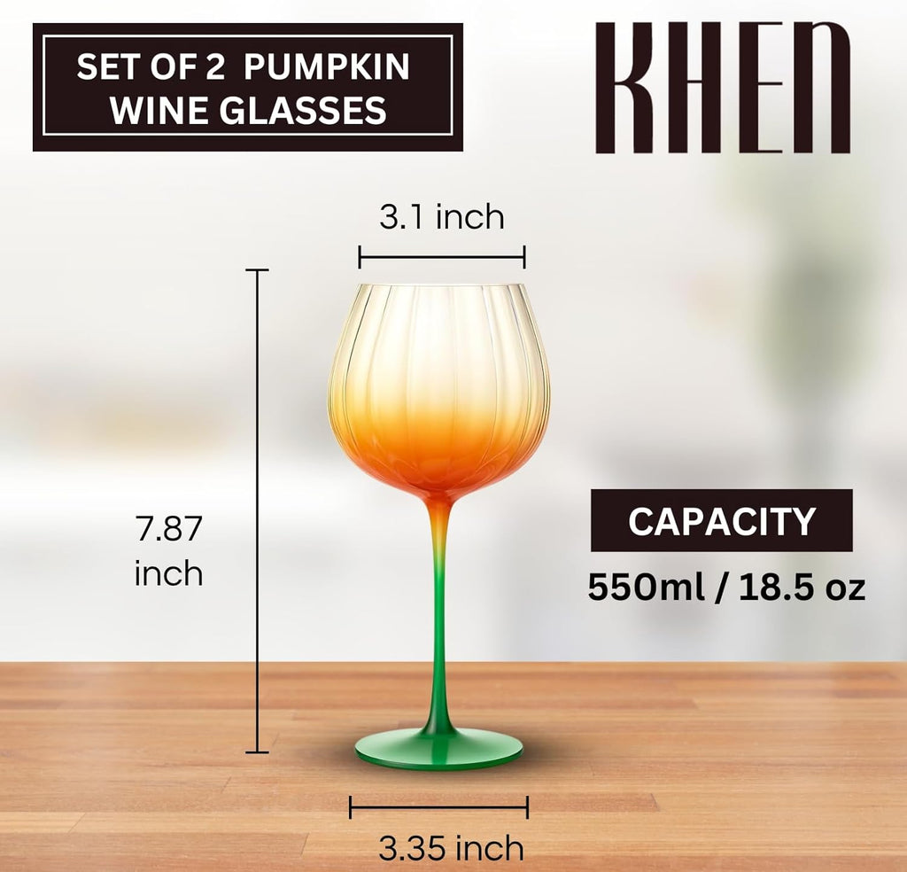 Khen Pumpkin Wine Glasses Fall Inspired Lightweight - Set of 2 Orange & Green