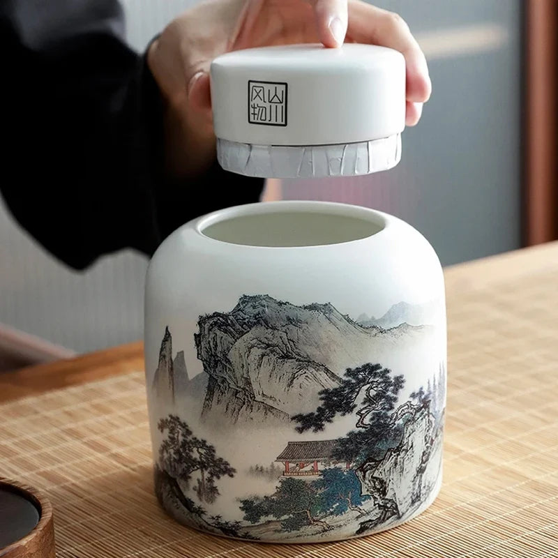 Chinese Landscape Tea Storage Pot with Lid