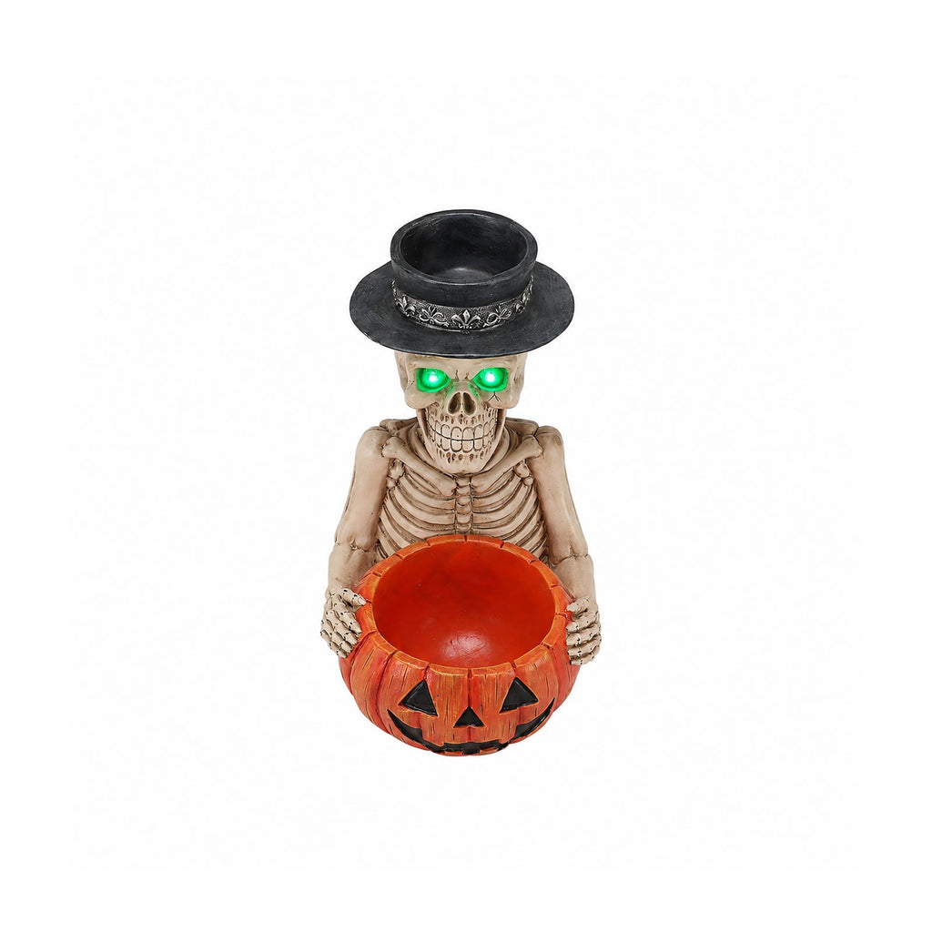 Halloween Skeleton Figurine with Pumpkin Candy Bowl & Candle Holder