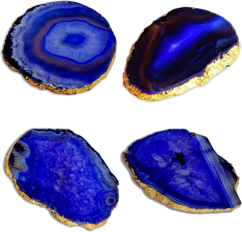 Set of 4 Blue Agate Coasters for Drinks- Gold Edge