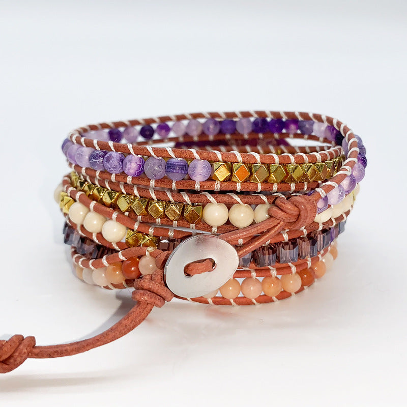 Natural Purple Imperial Jasper Multi-Layer Leather Wrap Bracelet