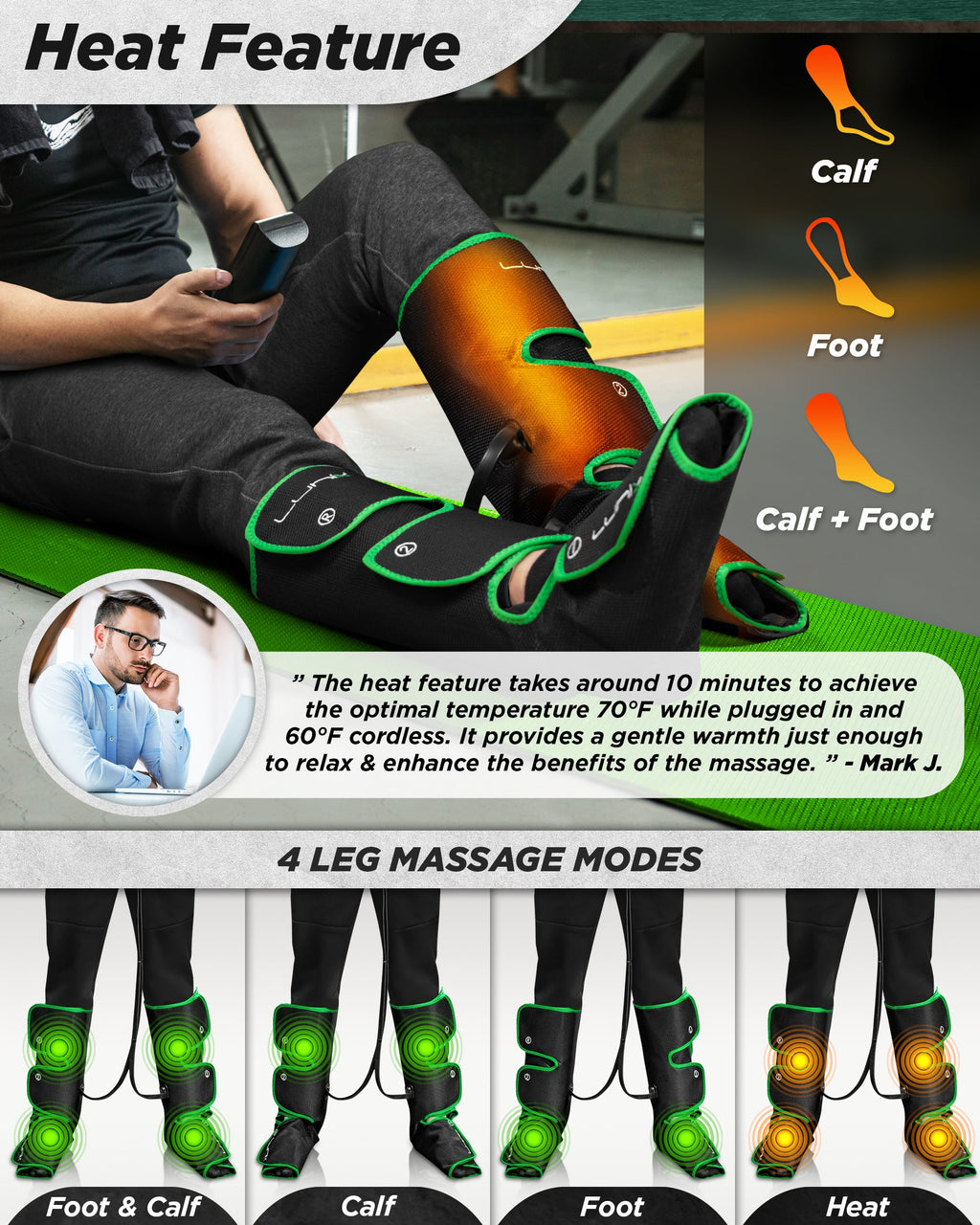 LX1 Foot and Calf Compression Massager, Forest Green, for heaviness fatigue, mild swelling